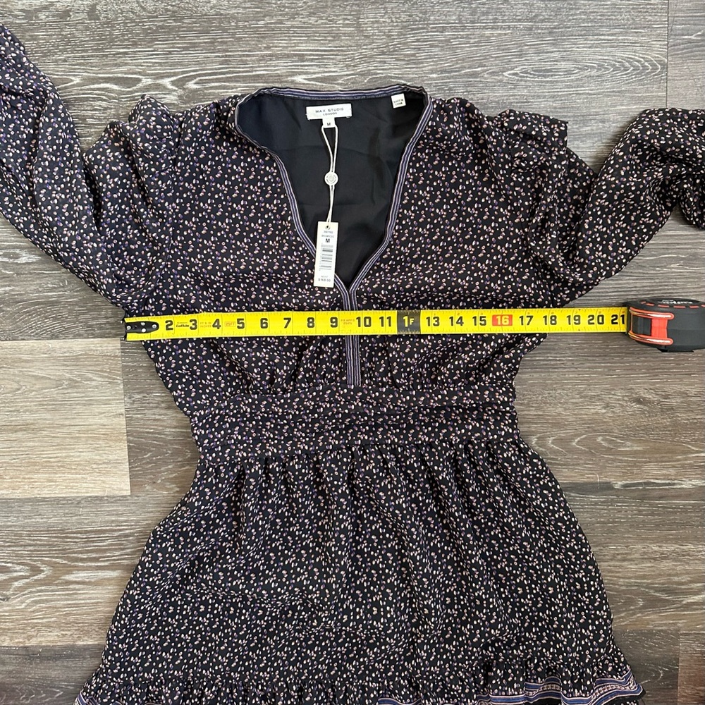 Max Studio London Black Floral Tiered Ruffle Mini Dress V-Neck Long Sleeve M - Picture 6 of 8